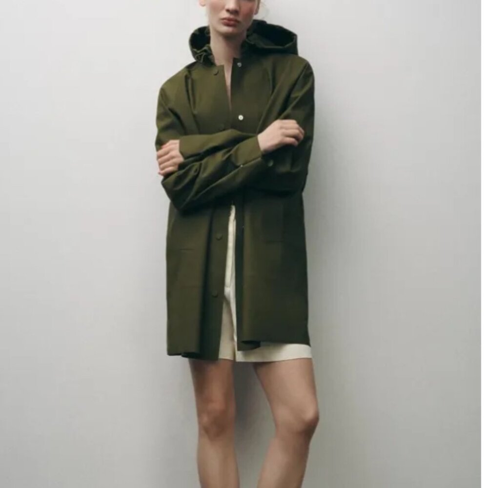 ZARA Rubberized Parka Green Rain Jacket XS Collection ZW
